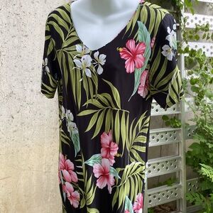 Vintage Puanani Hawaii  Black Dress Pink Hibiscus Flowers Women’s Large